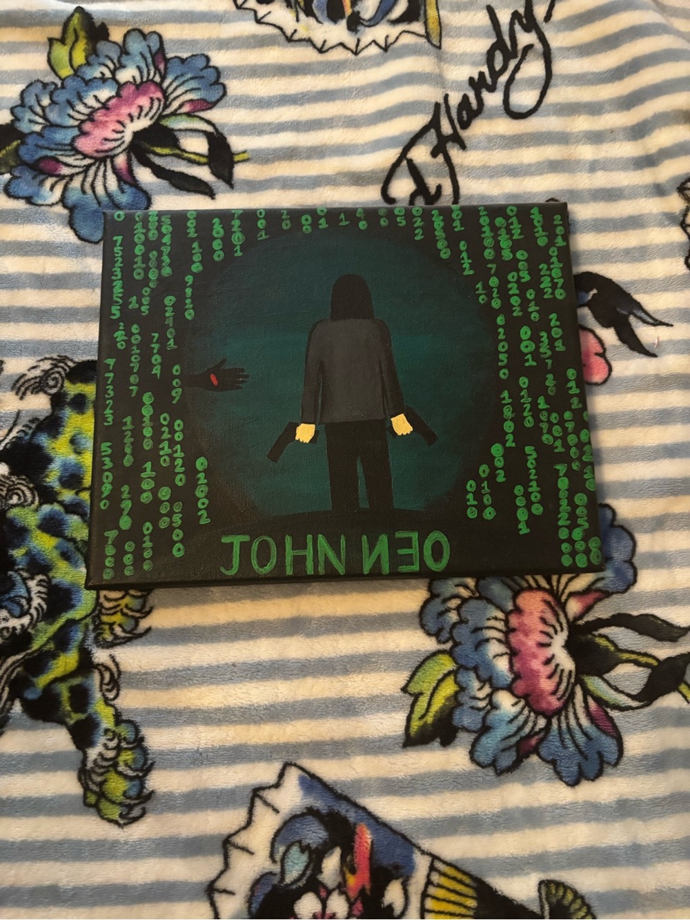 Hand-Painted 'John Wick Neo' Home Art Canvas - Black & Green Matrix Keanu Reeves
